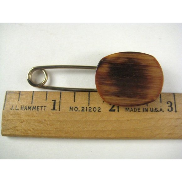 Safety Pin Brooch 2 In Vintage 50s 60s Goldtone Wooden Jewelry Modern MOD - Picture 2 of 4